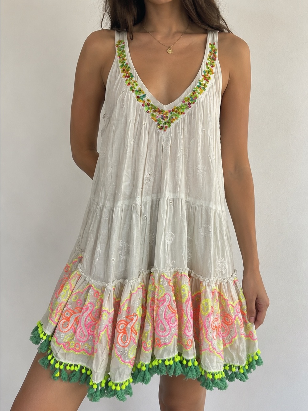Antica Sartoria Positino White Boho Embroidered Tank Dress w/Tassel Trim Sz S
